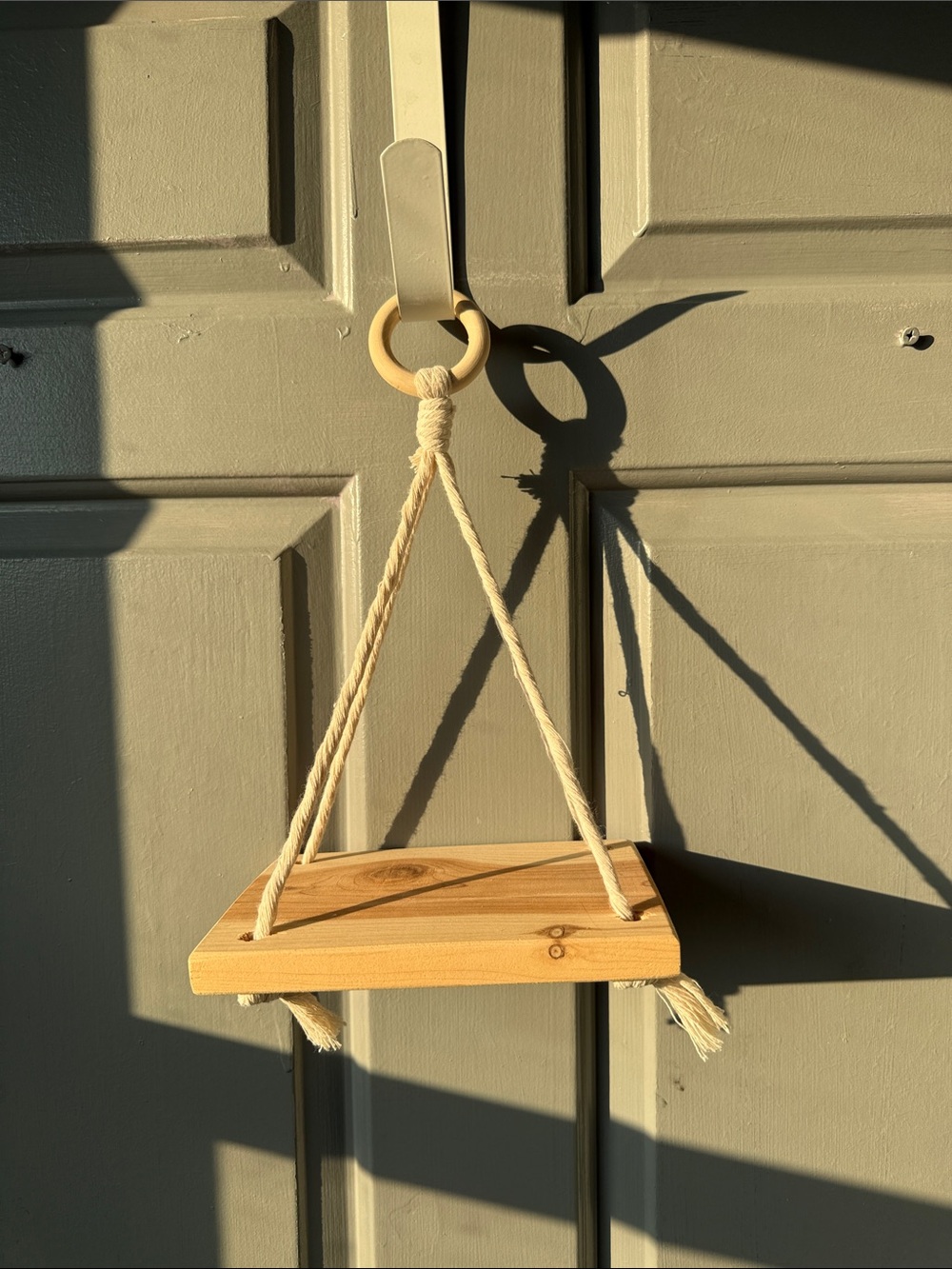 Natural Wood Hanging Wall Shelf with Cream Rope